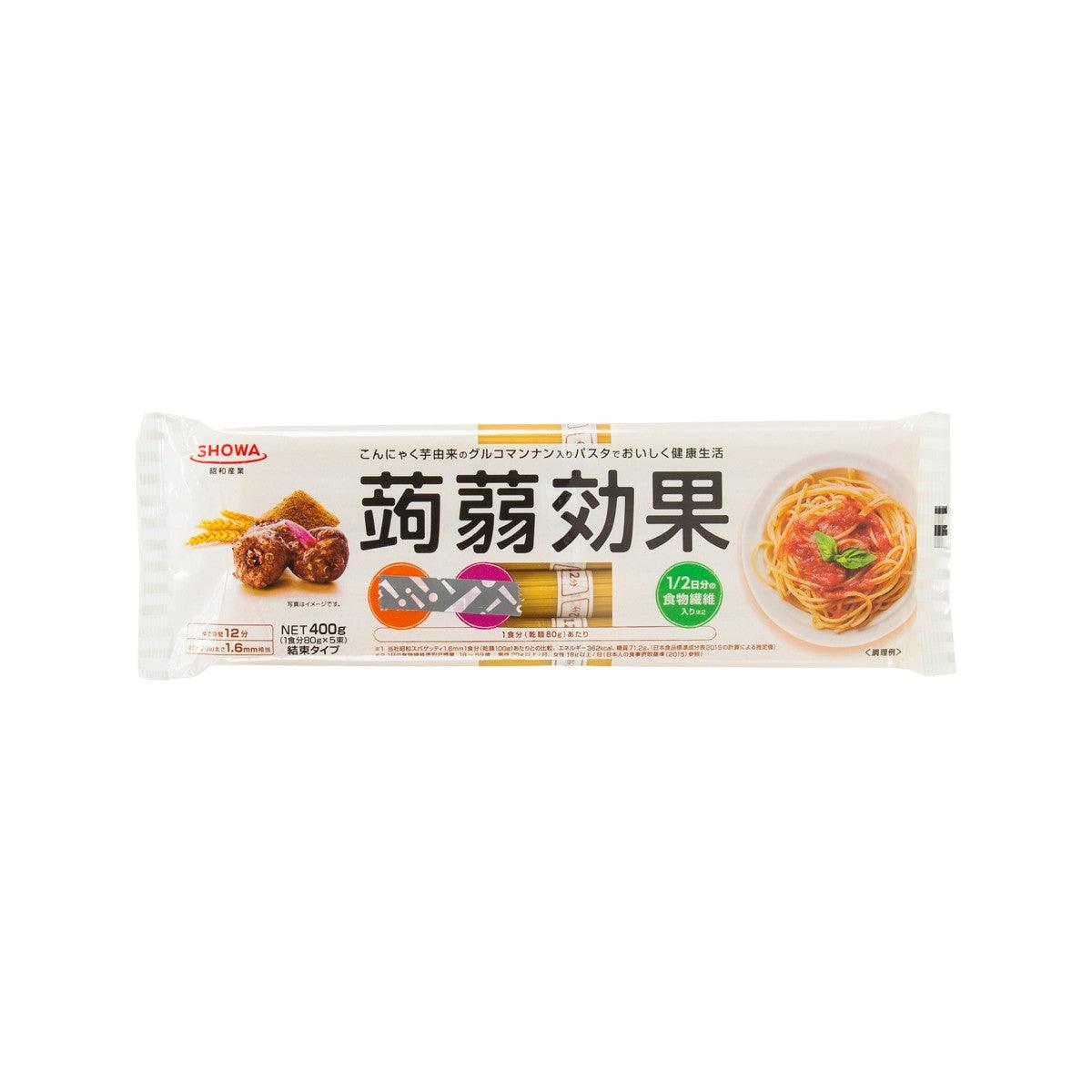Konjac spaghetti pasta pack, front label with SHOWA and orange noodle photo