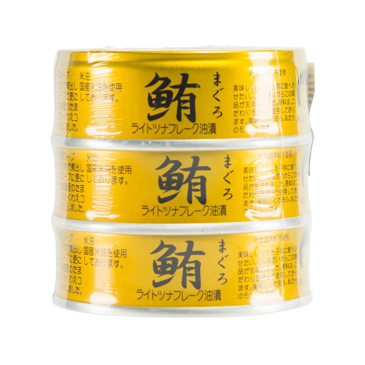Tuna flake in oil 3-pack jar, yellow Japanese label on three containers