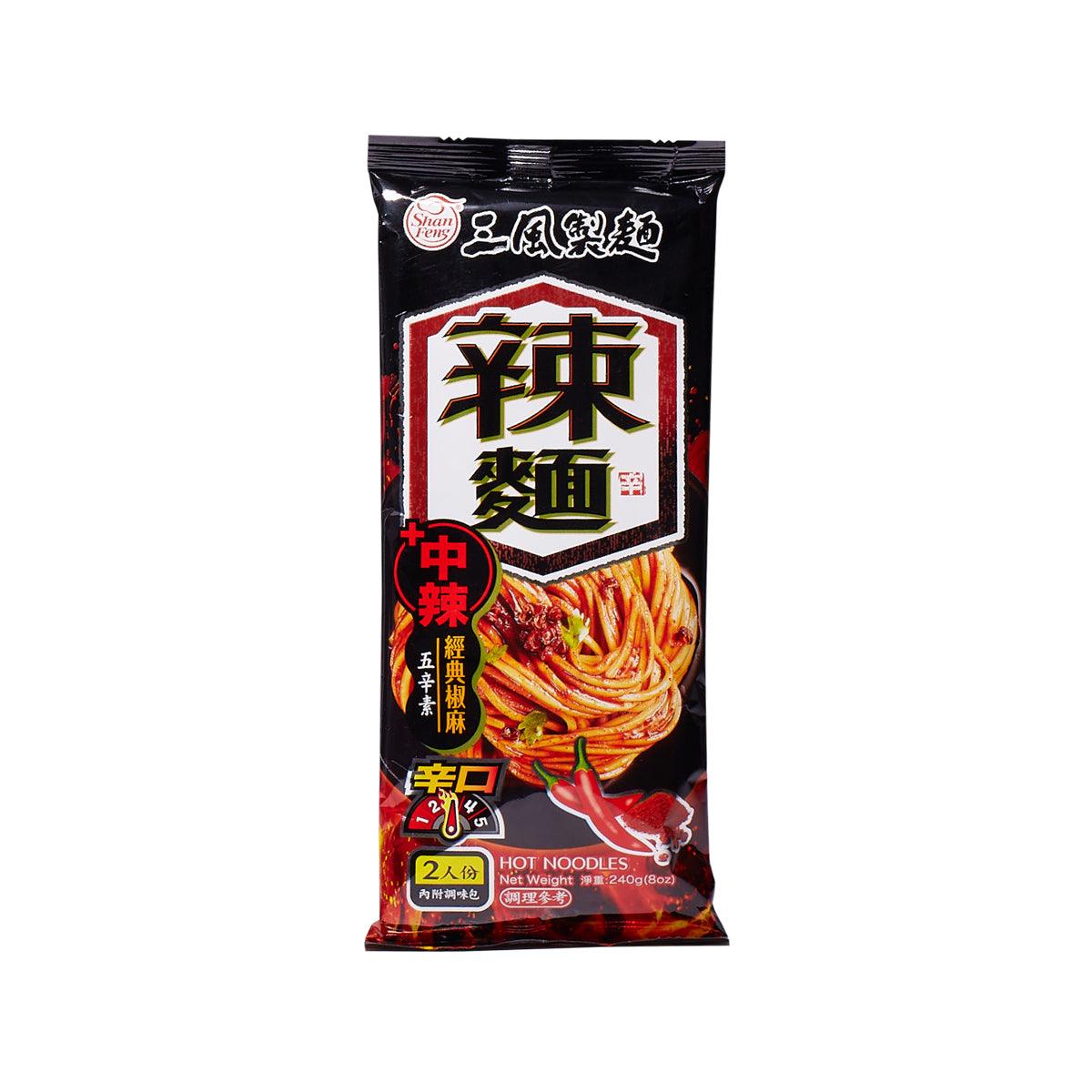 SHAN FENG spicy hot noodles pouch, black-and-red package with noodle illustration, 240g