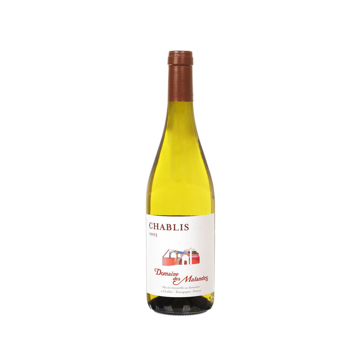 Chablis wine bottle, 750 mL, with brown cork and front label