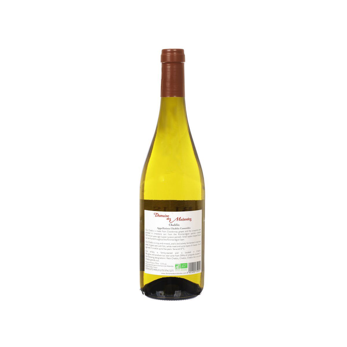 Chablis wine bottle, 750 mL, with brown cork and back label