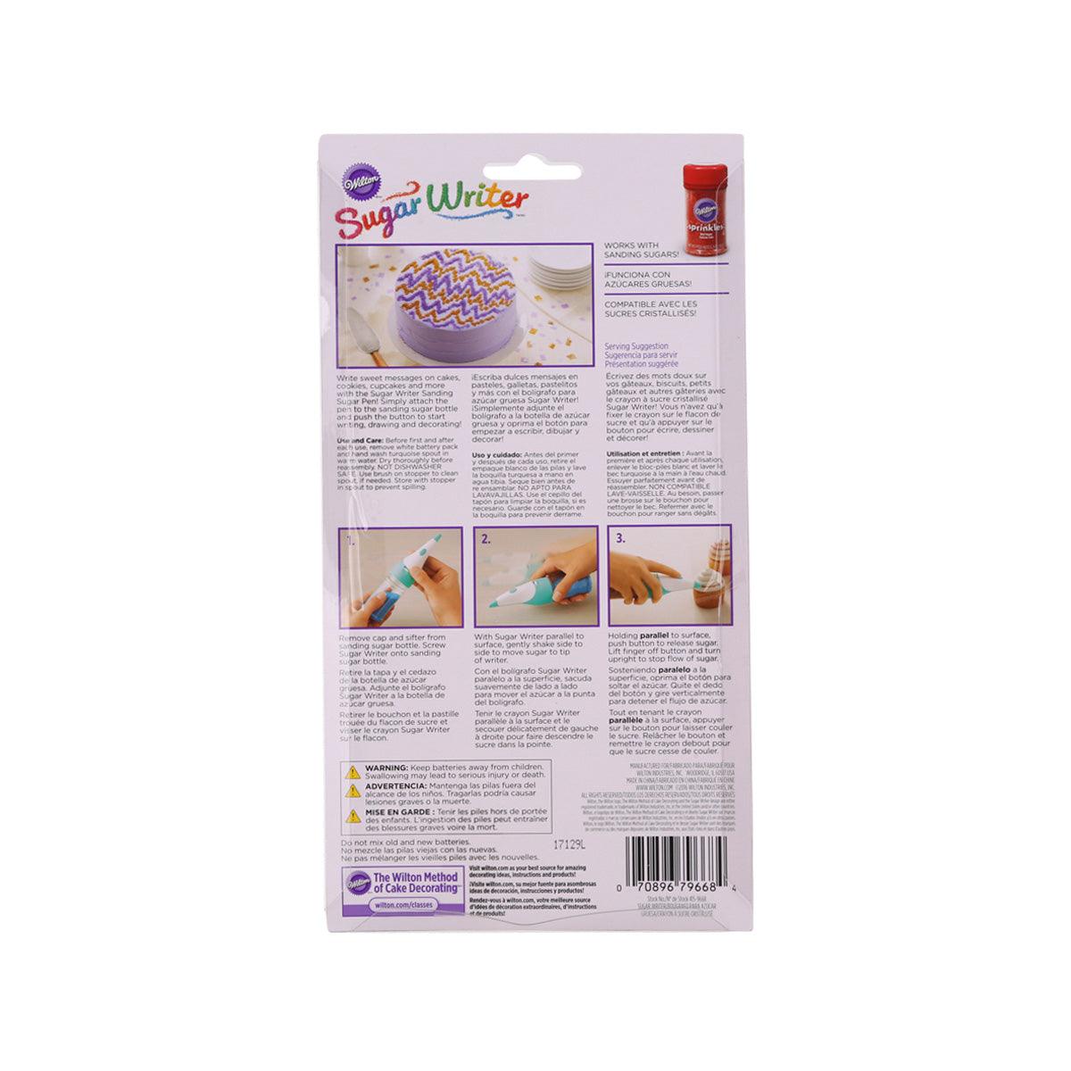 Back of WILTON Sugar Writer packaging with usage instructions and color details