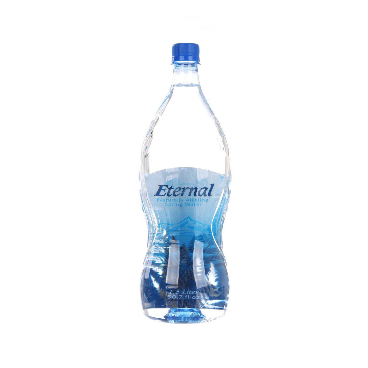 Alkaline spring water bottle with blue cap and blue label, 1.5L
