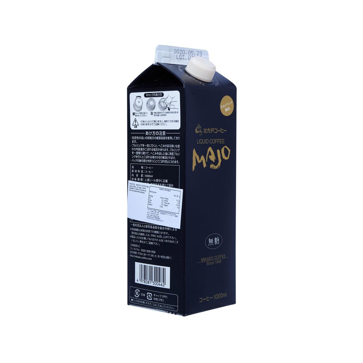 No-sugar liquid coffee carton, MIKADO COFFEE Majo, 1000 mL, side panel with nutrition text