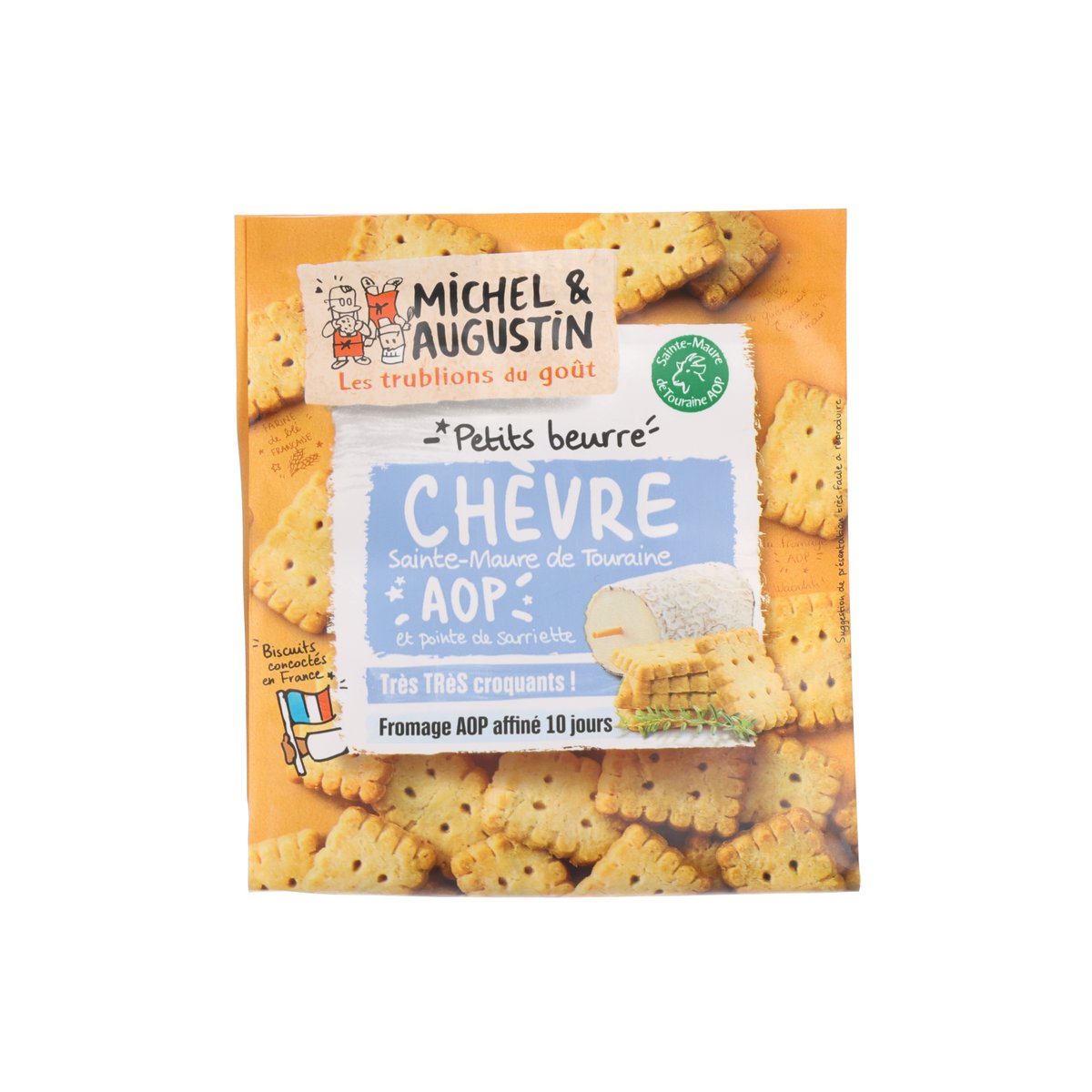 Goat cheese chevre savory biscuits bag with AOP label and petits beurre branding