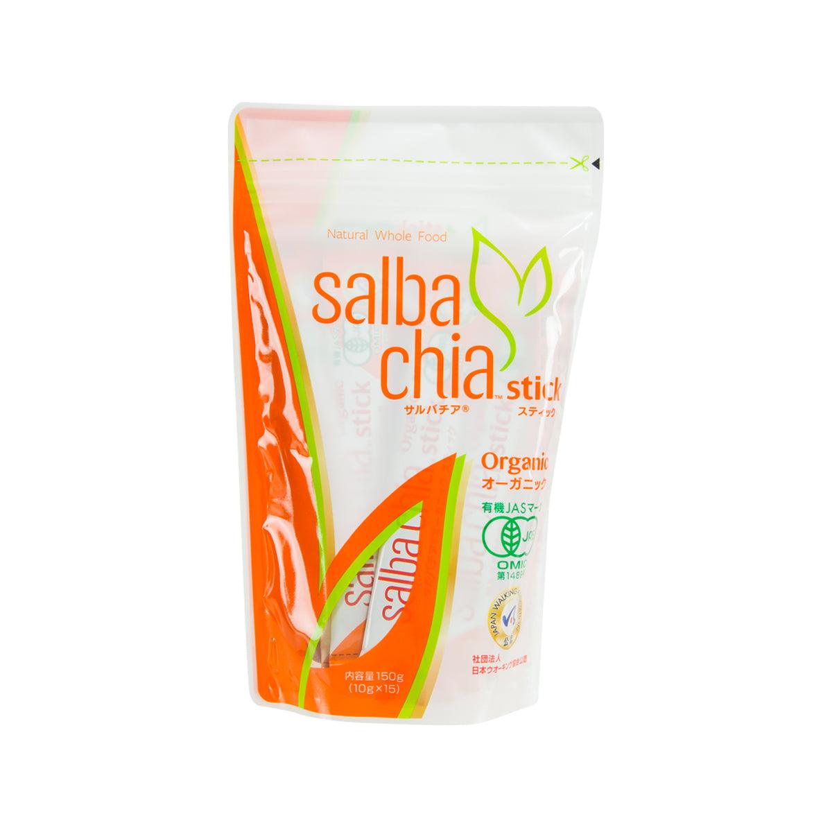 SALBA CHIA organic chia seed stick pouch, white and orange front label