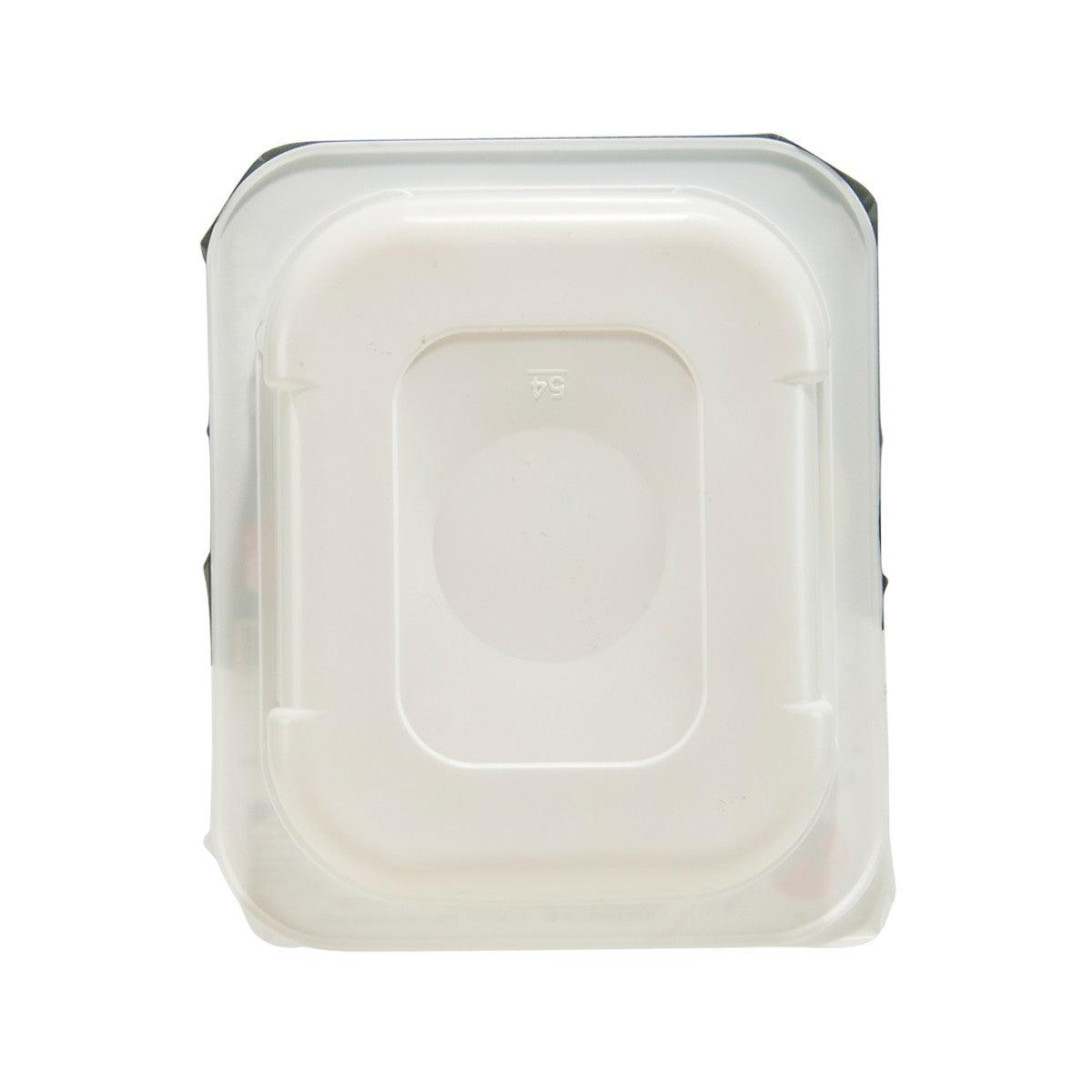 Square white plastic container for instant rice with clear lid