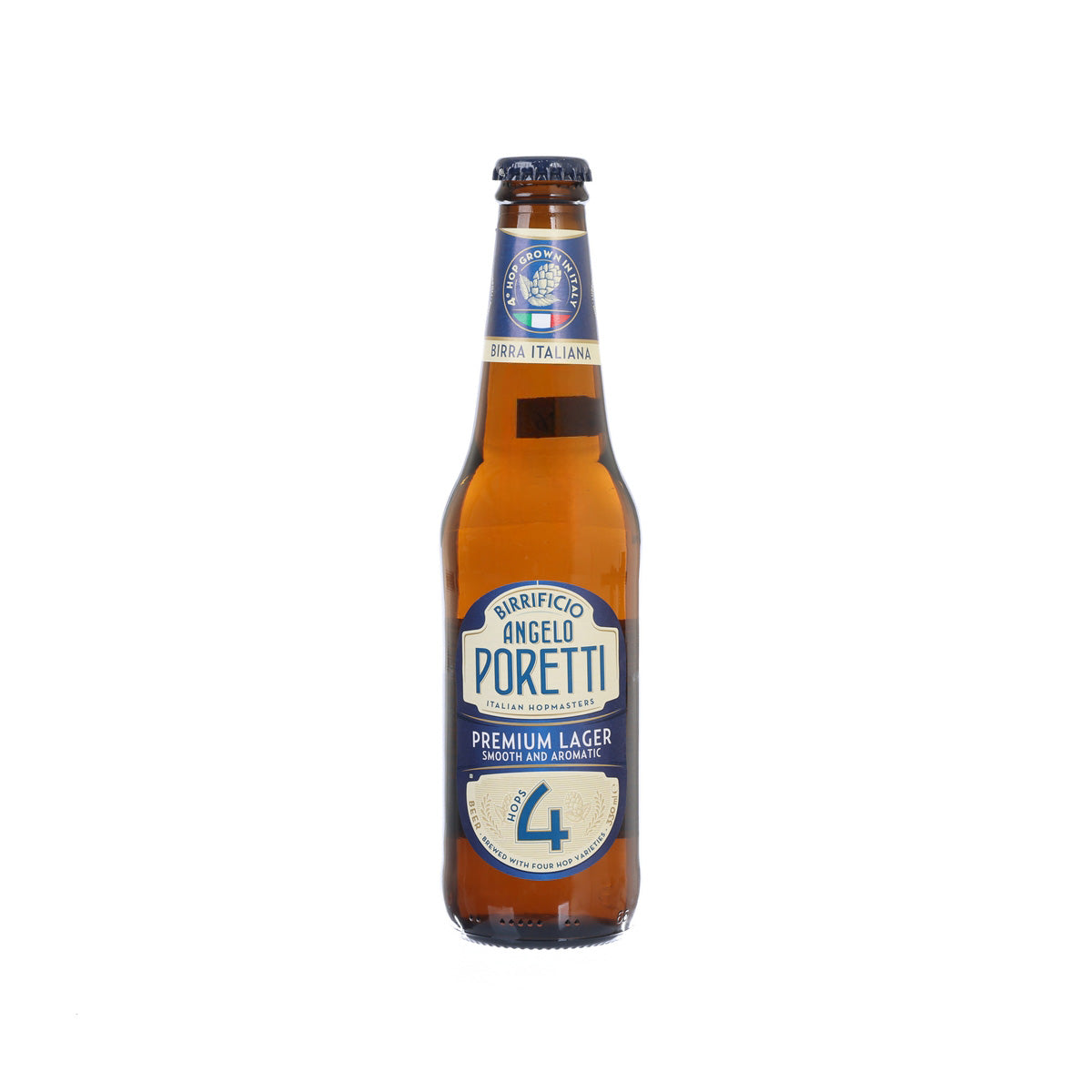 ANGELO PORETTI premium lager bottle with front label, 330 mL, amber glass