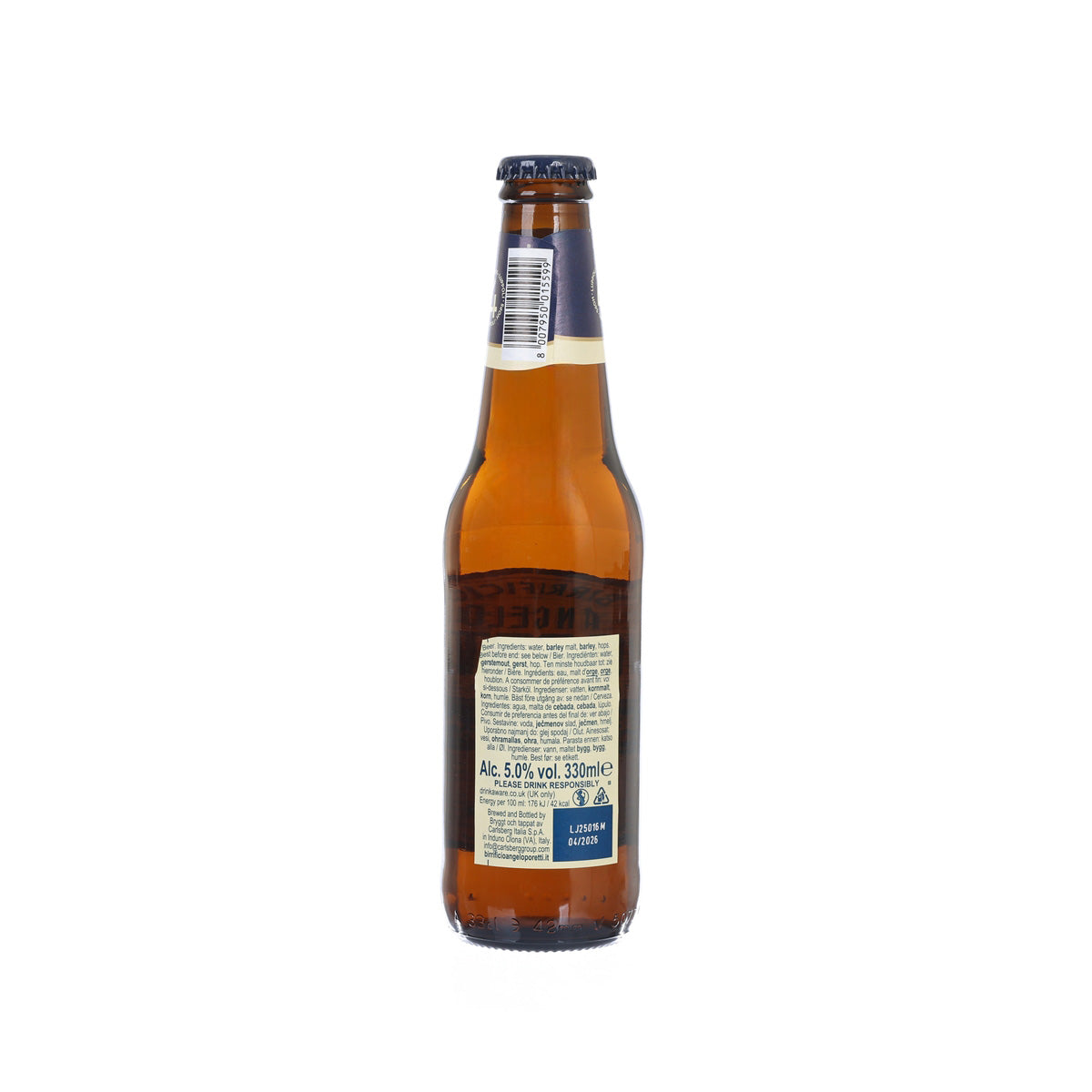ANGELO PORETTI premium lager bottle with back label, 330 mL, amber glass