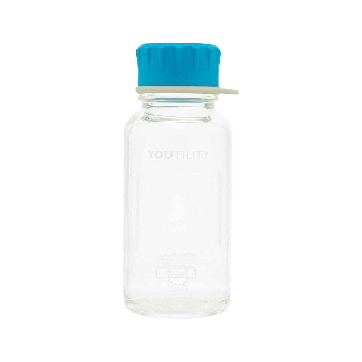 DURAN clear 250 ml bottle with cyan ribbed cap, embossed logo