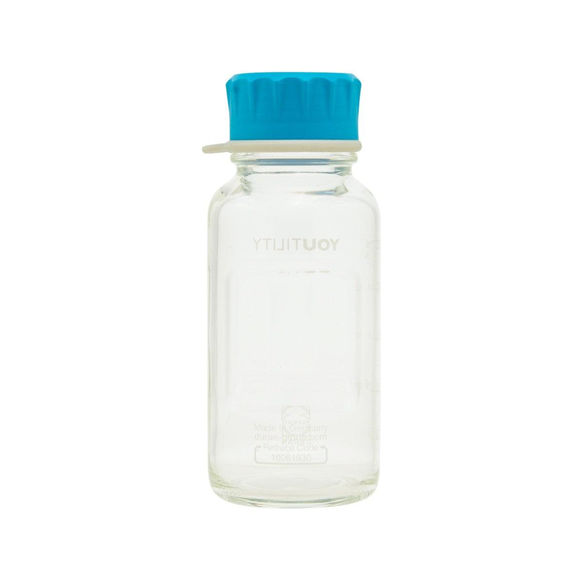 DURAN clear 250 ml bottle with cyan ribbed cap, transparent body
