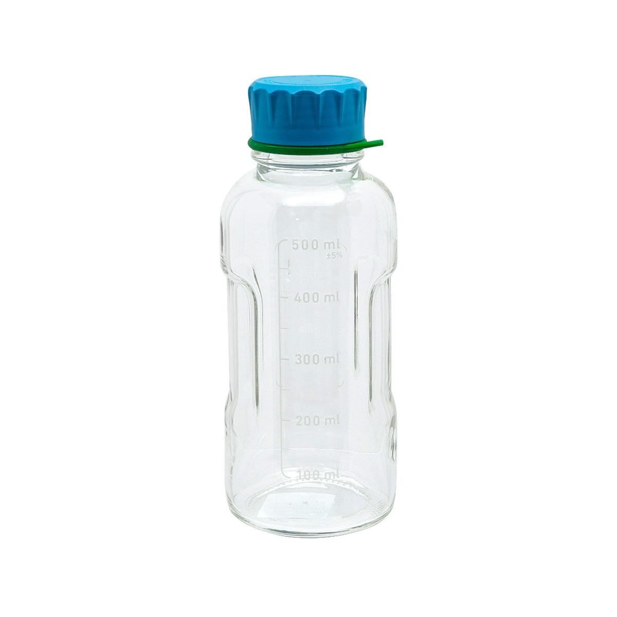 DURAN clear 500 ml plastic bottle with cyan cap and volume measurement markings