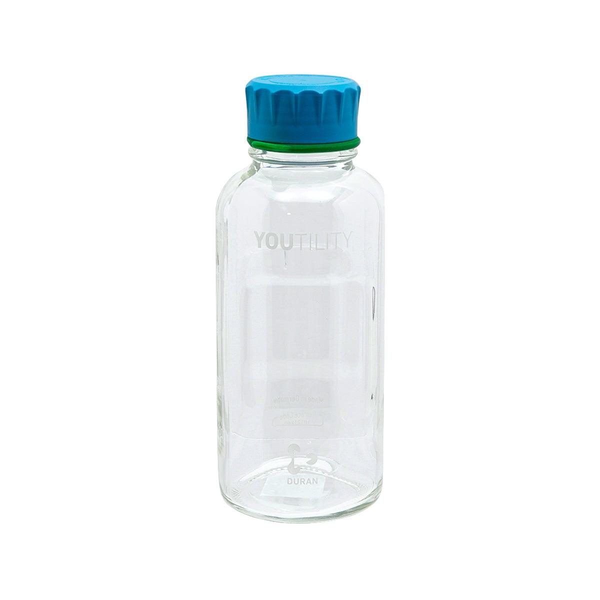 DURAN clear 500 ml plastic bottle with cyan cap, 'YOUTILITY' text on front