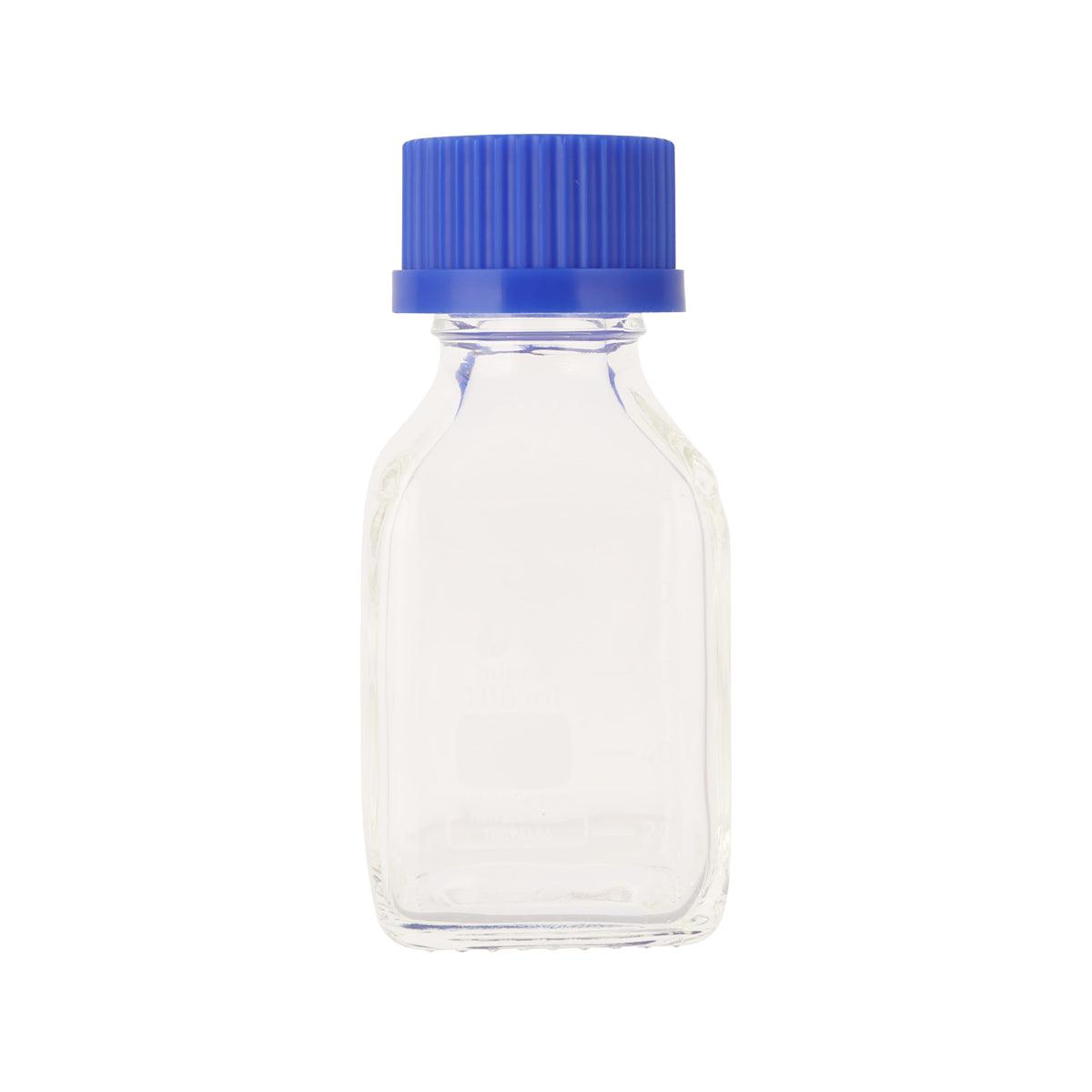 Clear square plastic bottle with blue ribbed cap