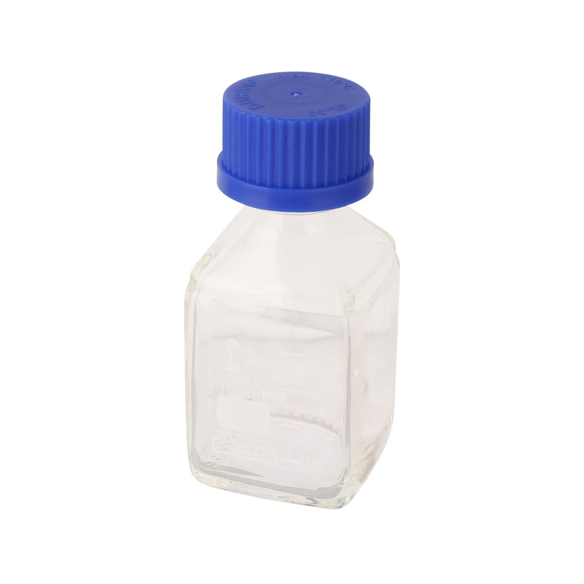 Clear square plastic bottle with blue screw cap