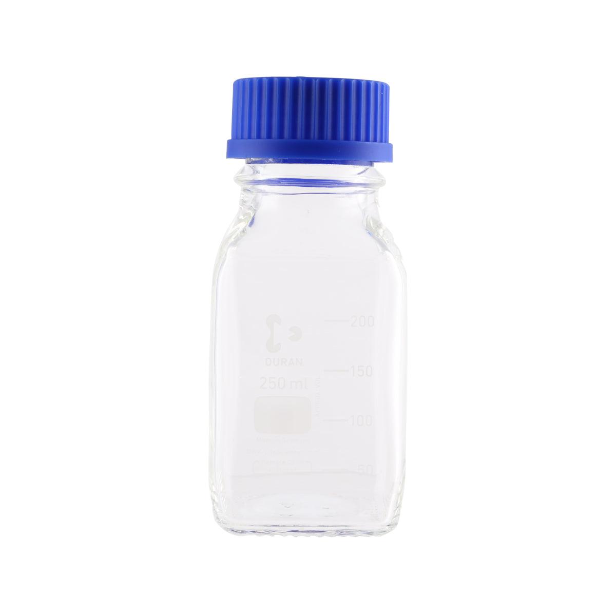 DURAN clear square bottle 250 ml with blue screw cap