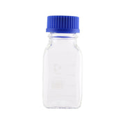 DURAN clear square bottle 250 ml with blue screw cap