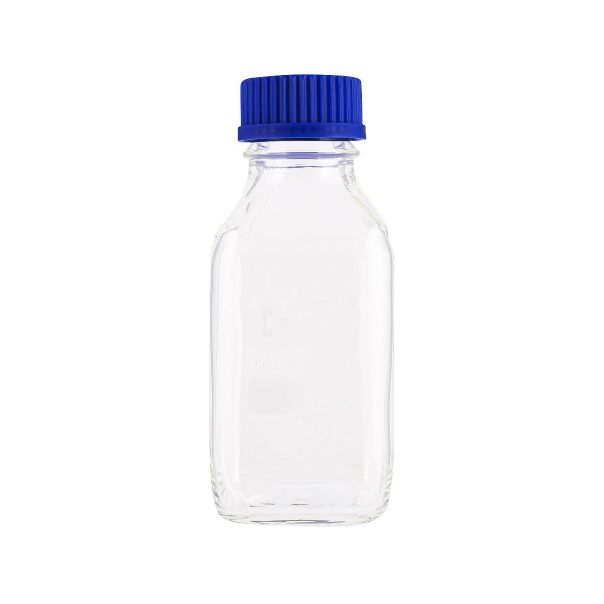 DURAN square clear plastic bottle, 500ml capacity, with blue screw cap