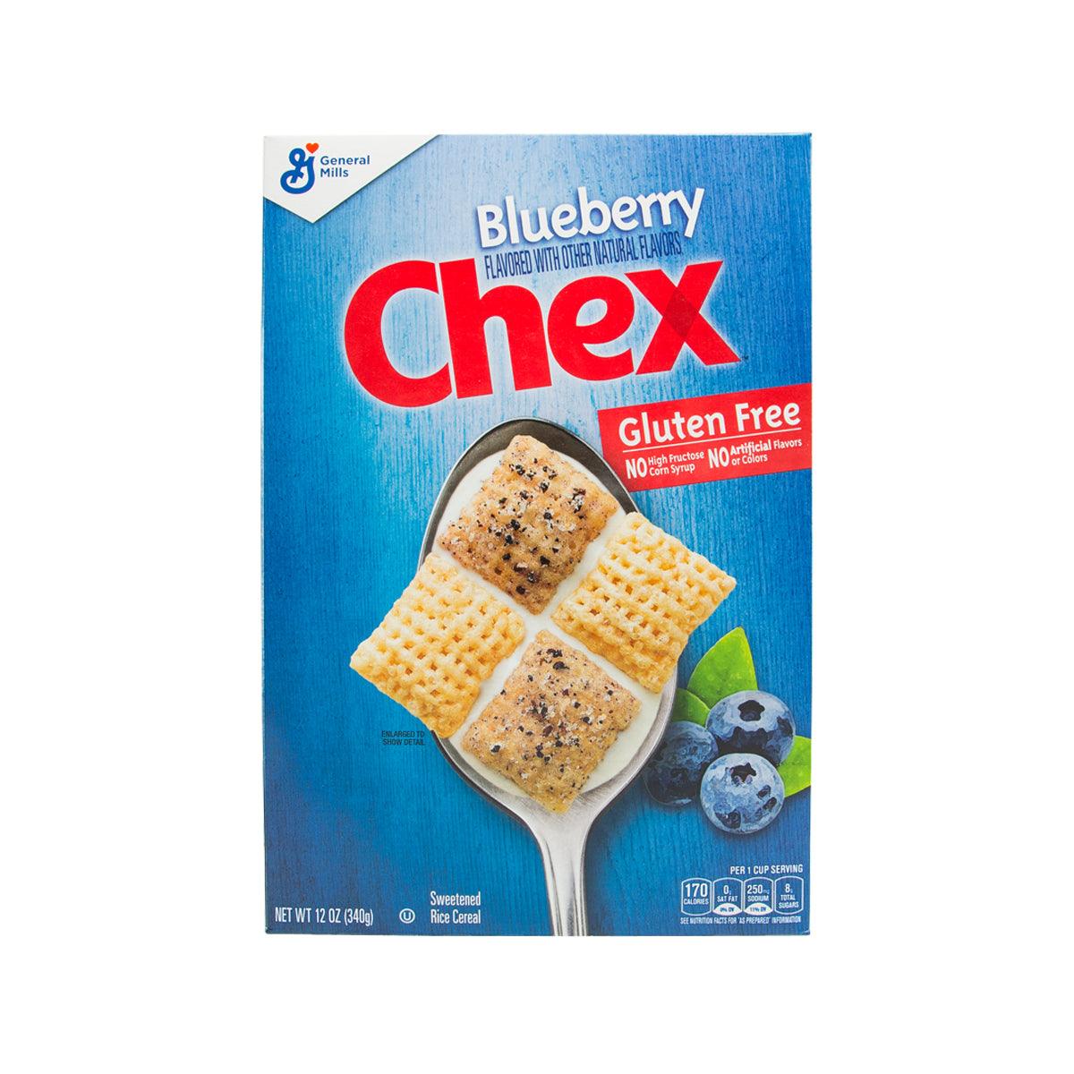 Gluten-free blueberry Chex sweetened rice cereal box with logo and crackers