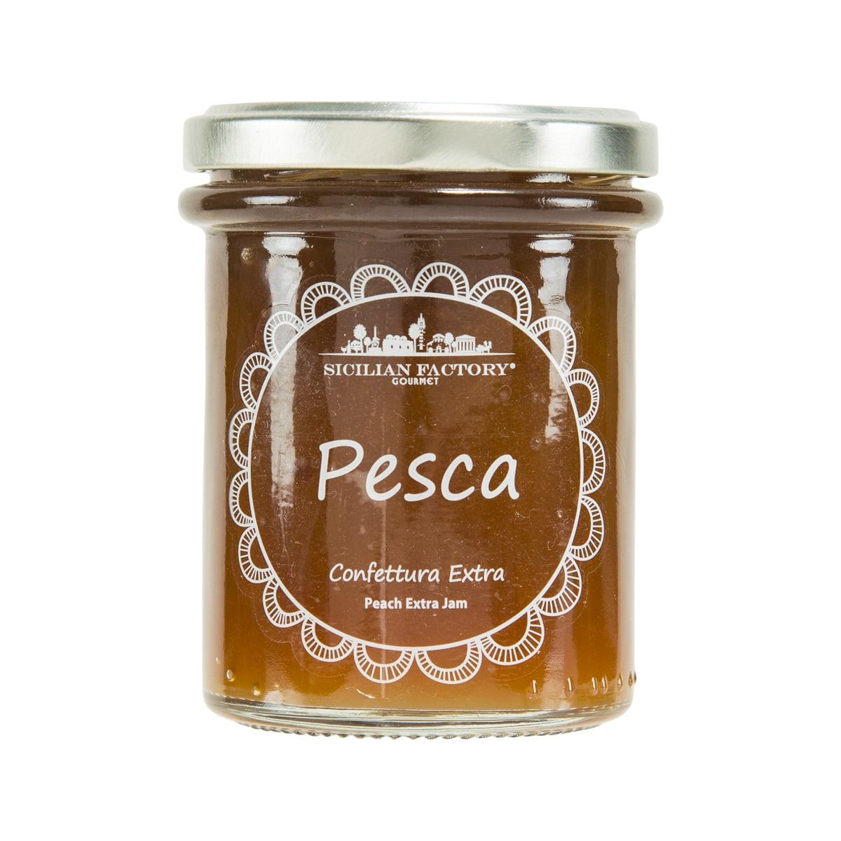 SICILIAN FACTORY peach jam jar, front label with 'Pesca' and extra jam