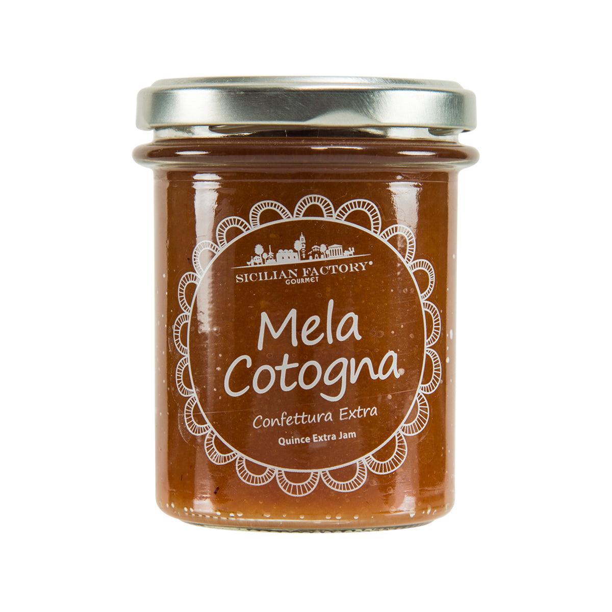 Quince extra jam jar with brown glass, gold lid, and “Mela Cotogna” label