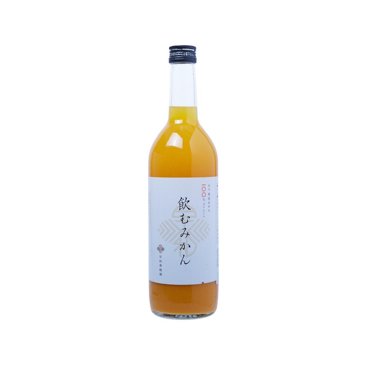 Mikan juice bottle with orange liquid and blue-and-white label