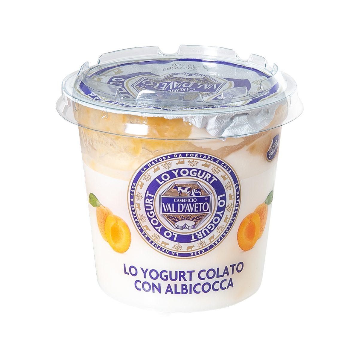 VAL D’AVETO strained apricot yogurt in plastic cup with blue label