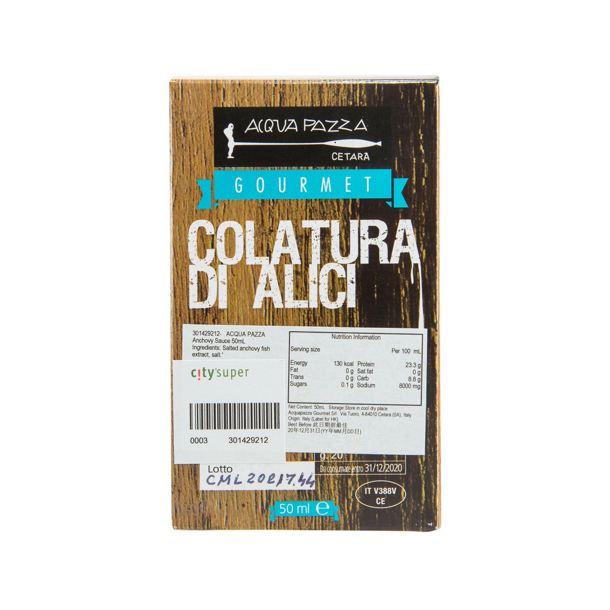 Anchovy sauce bottle with ACQUA PAZZA label, Gourmet badge, and nutrition panel.