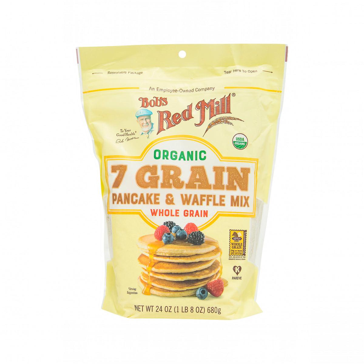 Organic 17-grain pancake and waffle mix pouch, yellow package with brand logo