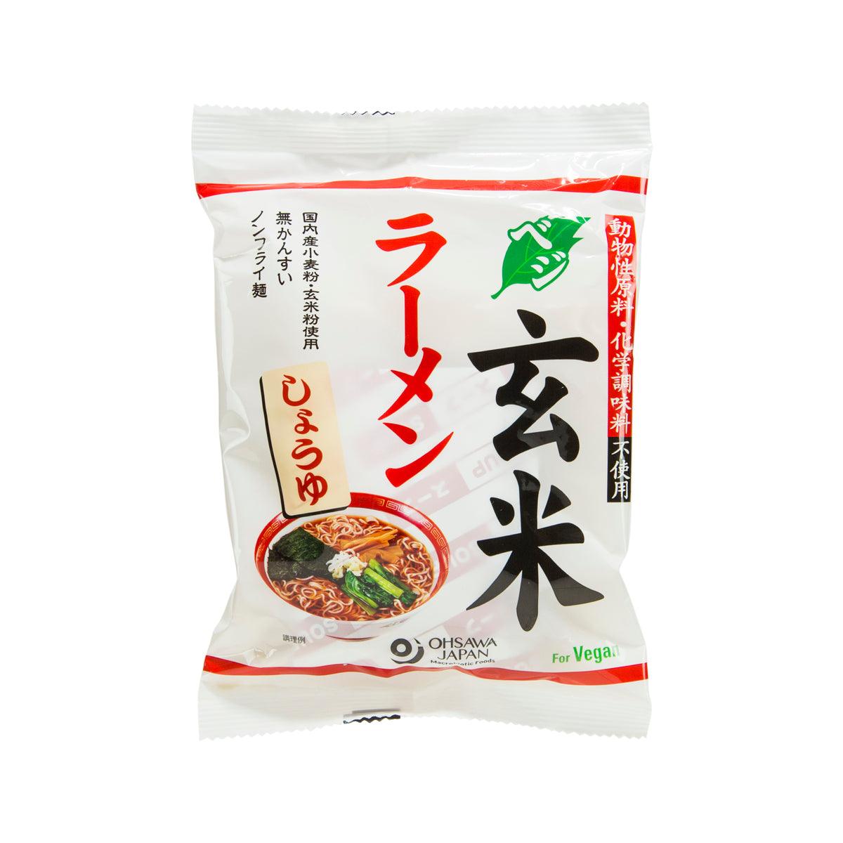 Instant vegan brown rice ramen soup packet, soy sauce flavor, white sachet with red label