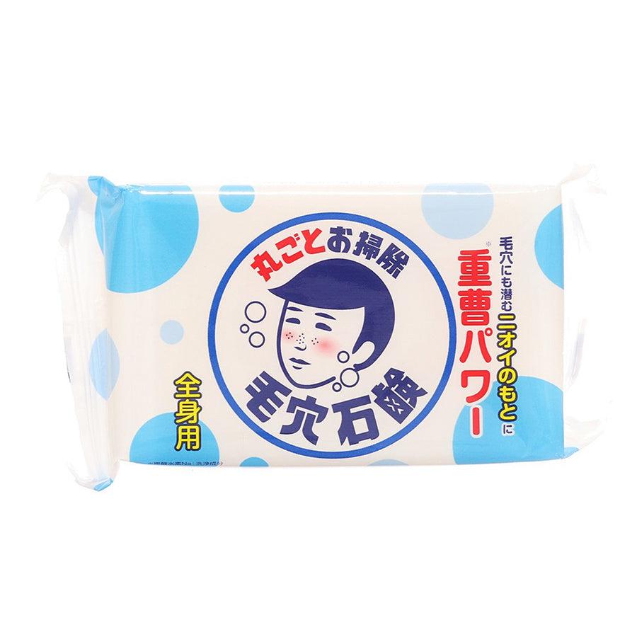 Baking soda soap bar in blue-and-white plastic wrapper