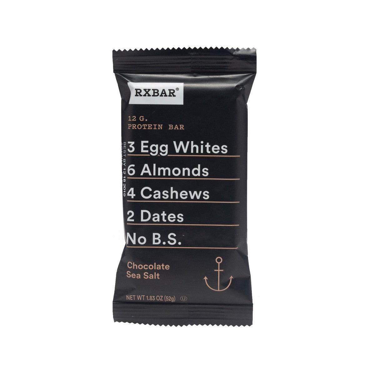RXBAR chocolate sea salt protein bar package, black wrapper with ingredient list