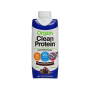 ORGAIN Clean Protein milk shake carton, blue and white front label with cap
