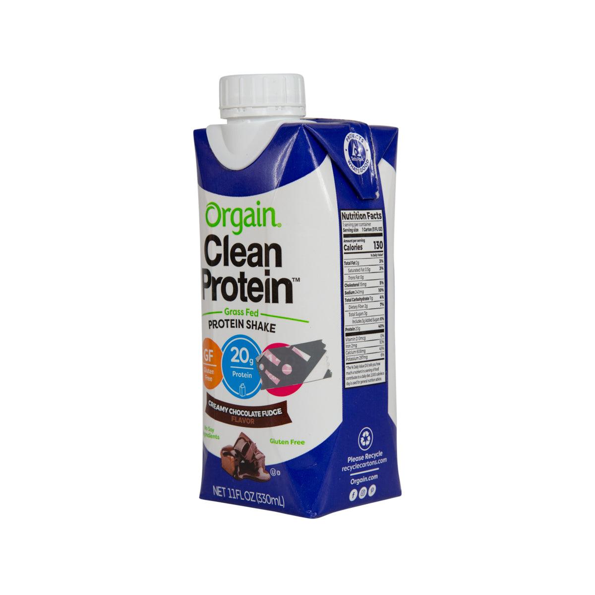 ORGAIN Clean Protein milk shake carton, angled view showing nutrition panel and cap