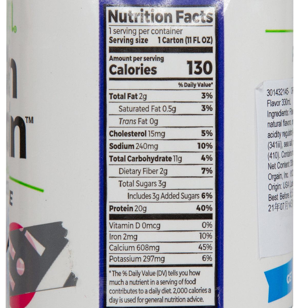 Nutrition Facts panel on ORGAIN protein shake carton, calories and protein values