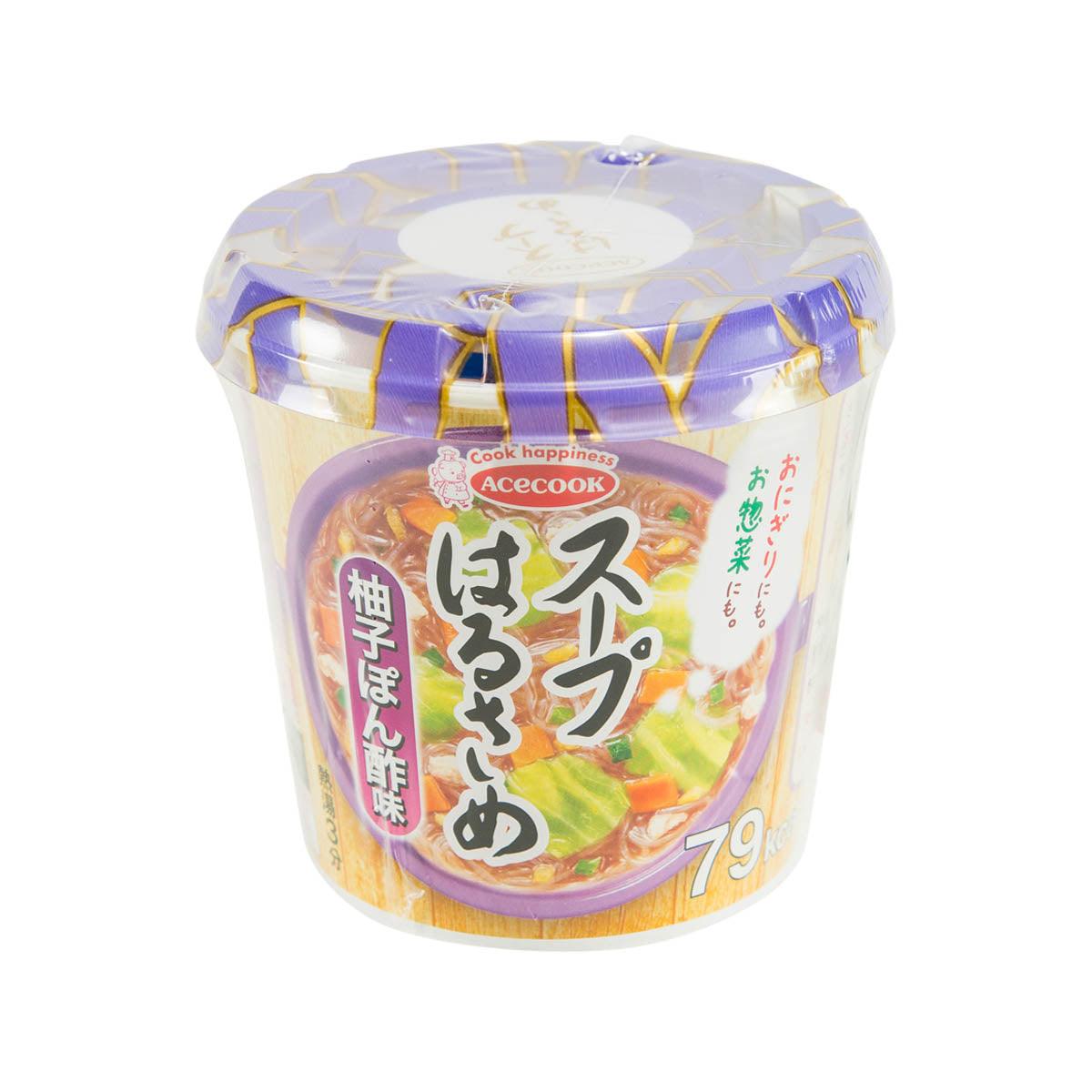 Instant noodle cup with purple and yellow label, Acecook branding, soup flavor