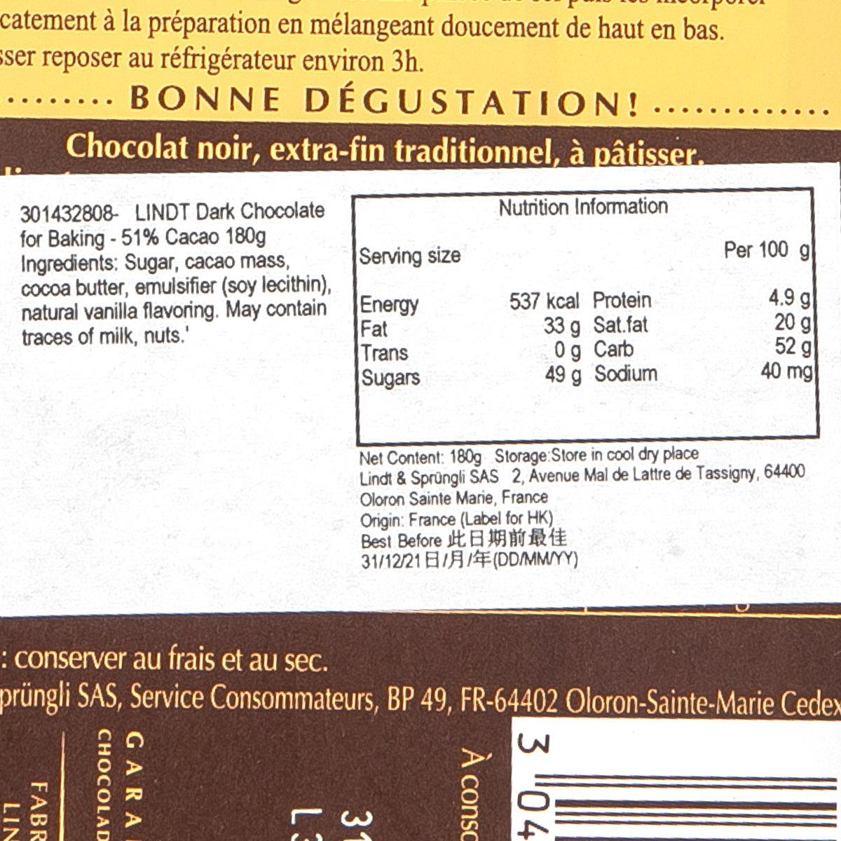 LINDT 51% cacao chocolate nutrition facts label, per 100 g