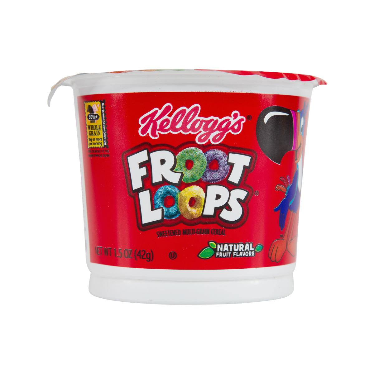 Fruit-flavored multigrain cereal cup with red KELLOGG'S Froot Loops branding, 42g.