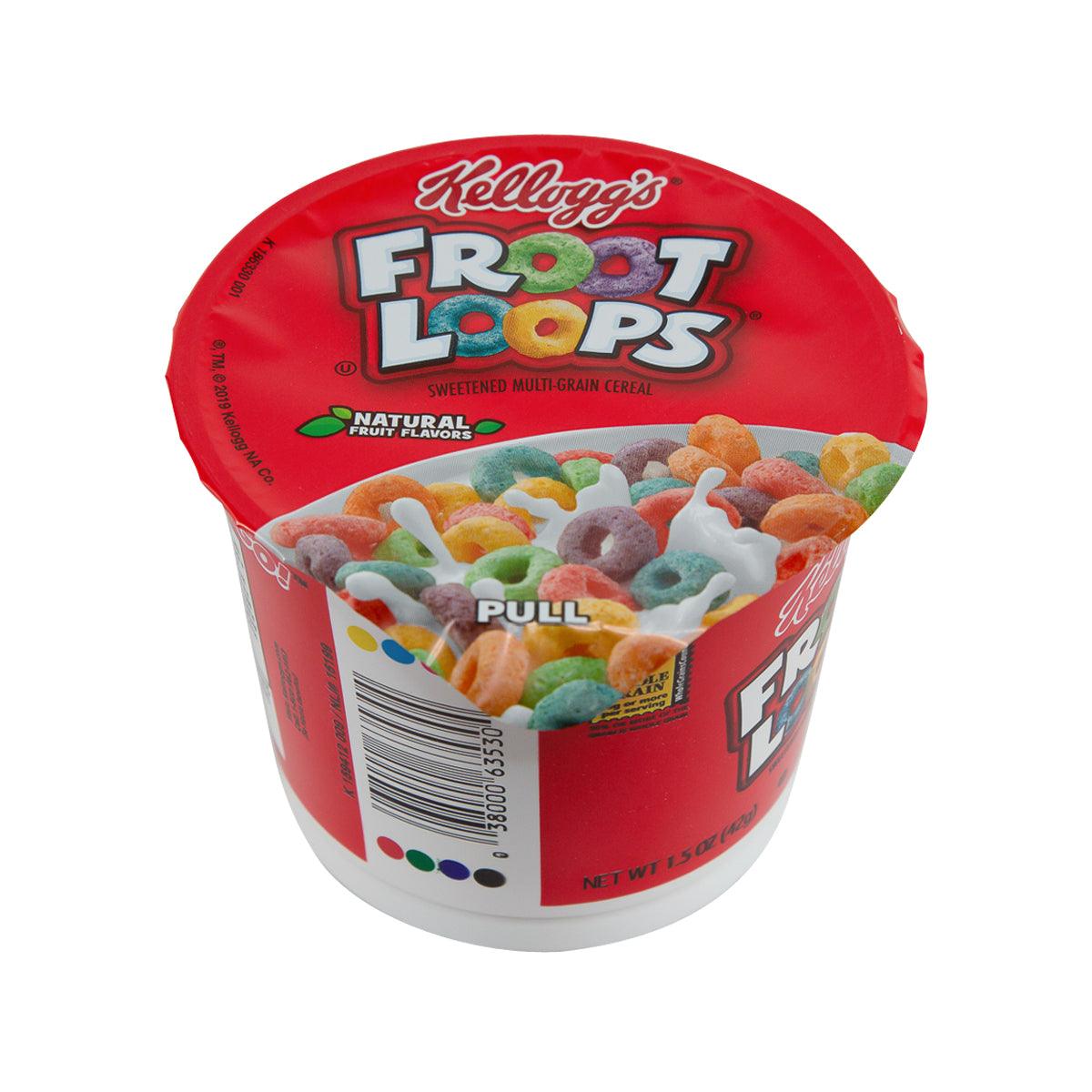 KELLOGG'S Froot Loops cereal cup with red lid and ingredient-filled cereal graphic, 42g.