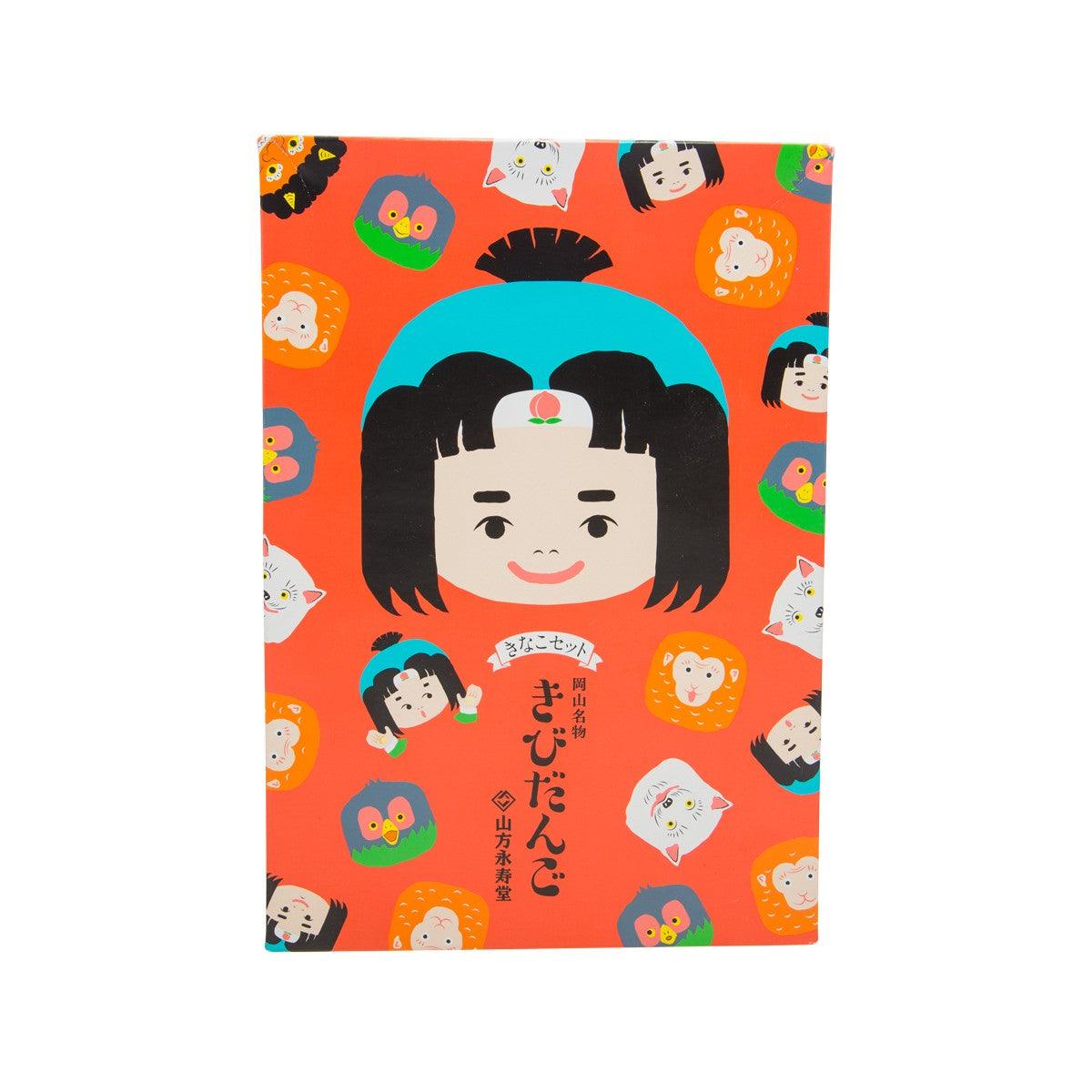 Mixed-flavor kibi dango snack box with colorful cartoon face pattern