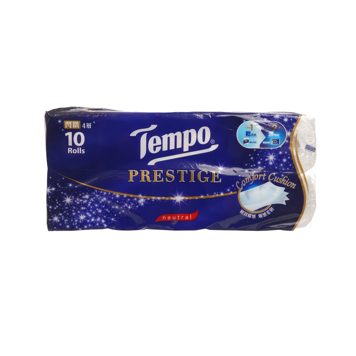 TEMPO Prestige bathroom tissue pack, 10 rolls, neutral, blue packaging with comfort icon
