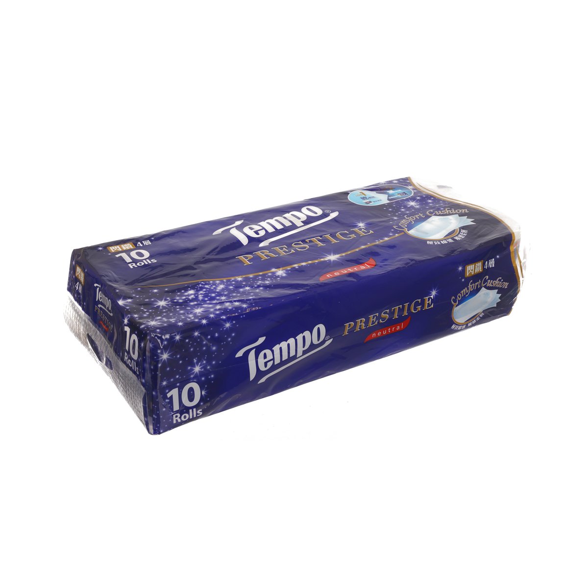 TEMPO Prestige bathroom tissue pack, 10 rolls, neutral comfort design, dark blue wrapper