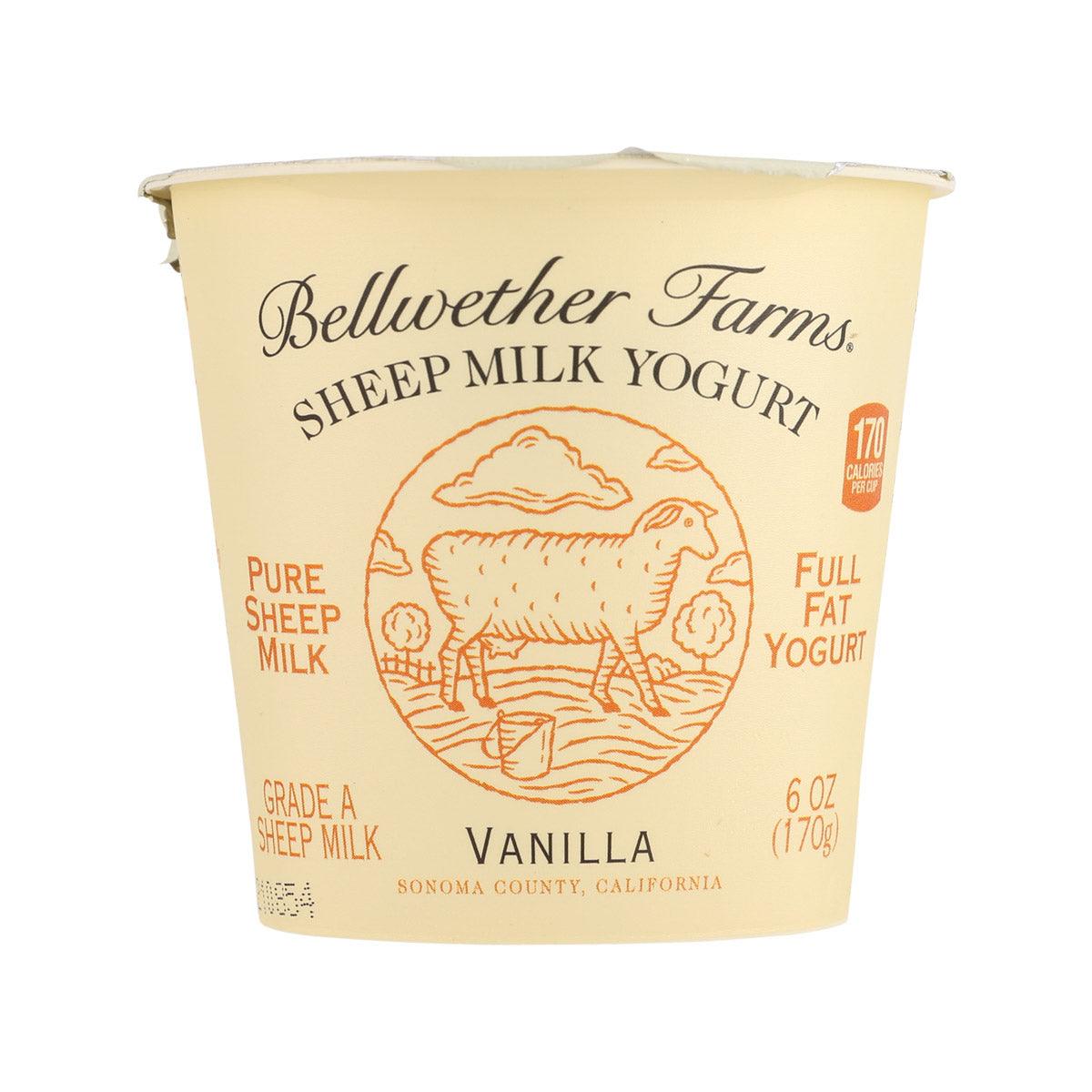Vanilla sheep milk yogurt cup, 170g, Bellwether Farms with beige label