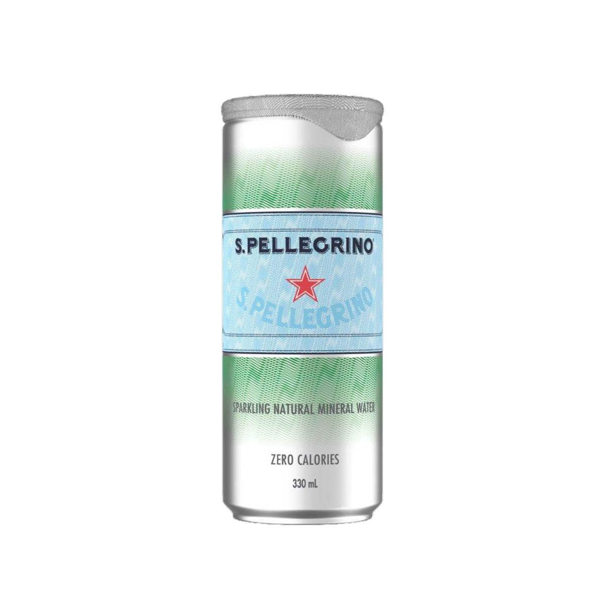 SAN PELLEGRINO sparkling mineral water can, 330 mL, silver with blue label