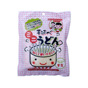 Mini udon noodle pack with pink plaid design and smiling face illustration