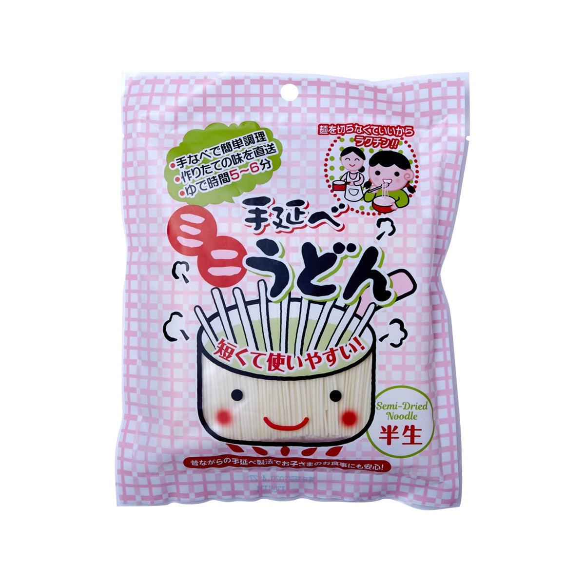 Mini udon noodle pack with pink plaid design and smiling face illustration