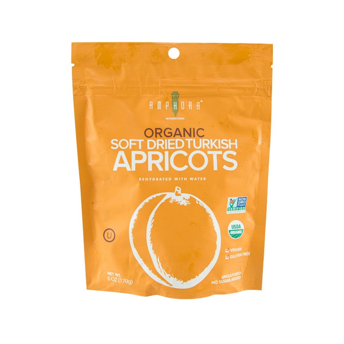 Organic dried Turkish apricots pouch, orange bag with apricot graphic and label