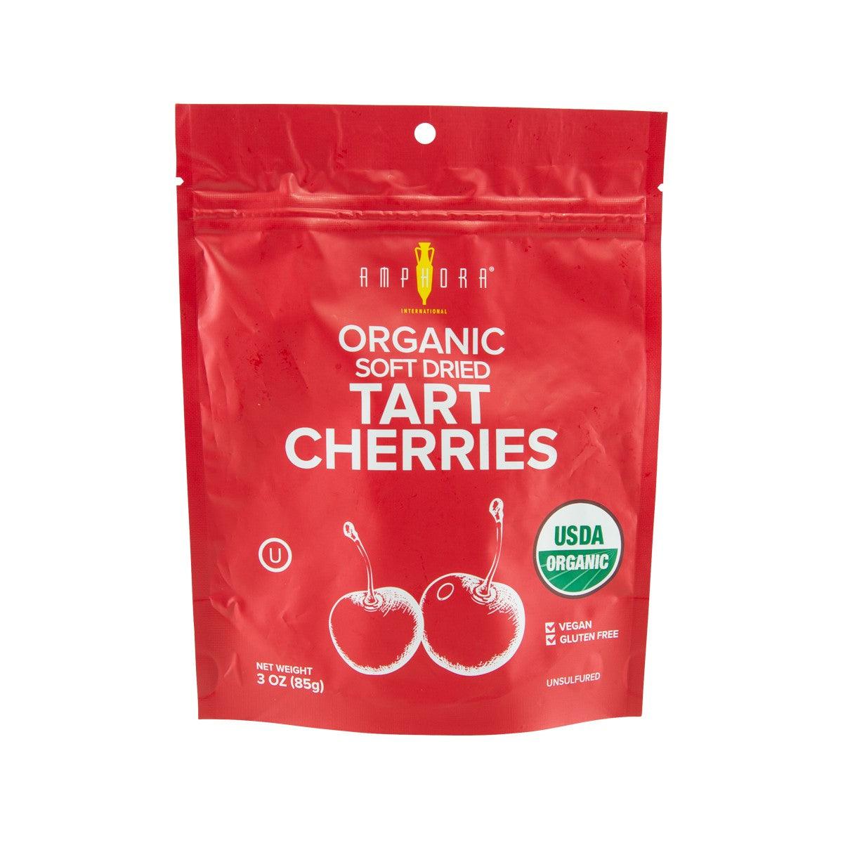 AMPHORA organic soft dried tart cherries pouch, red package, USDA organic and vegan
