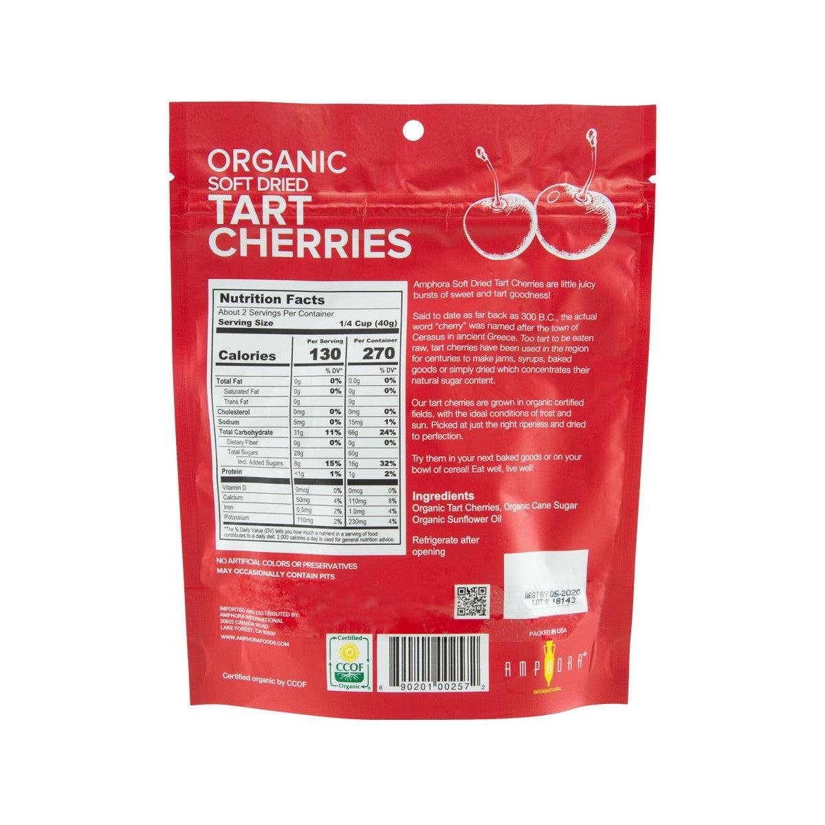AMPHORA organic soft dried tart cherries back of bag with nutrition facts and barcode