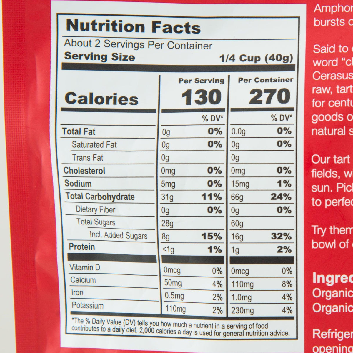 AMPHORA nutrition facts label: 130 calories per serving for organic soft dried cherries